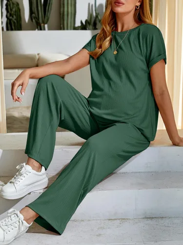 Vista 3 de OYOANGLE Conjunto de pijama de maternidad de 2 piezas para mujer, camiseta de manga corta y pantalones