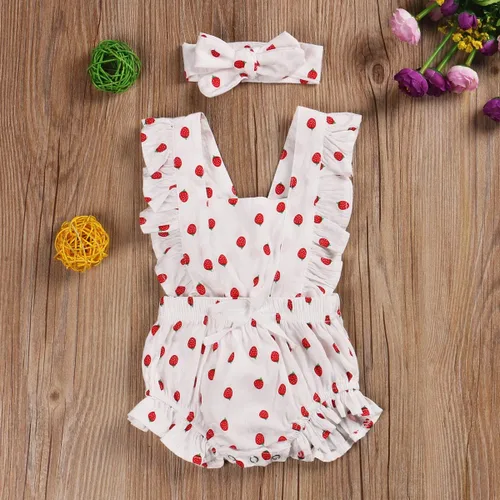 Vista 2 de Mameluco con volantes para niña recién nacida con diadema, ropa de verano