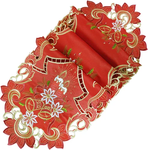 Vista 2 de Grelucgo - Tapete de mesa navideño con bordado de campanas, velas y flores de pascua