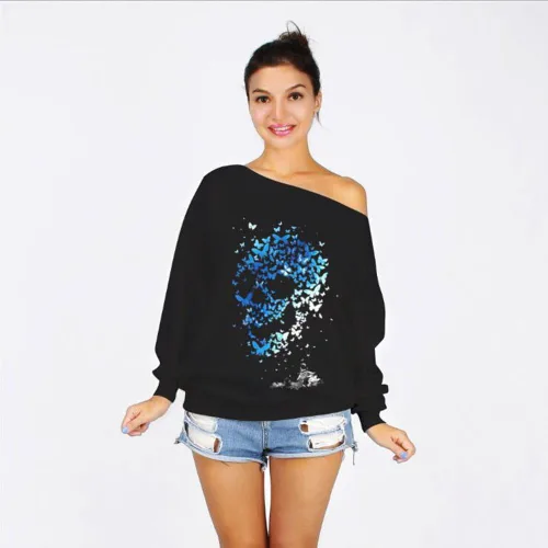 Vista 2 de Sudadera de manga larga con estampado de calabaza aterradora y hombros descubiertos para mujer