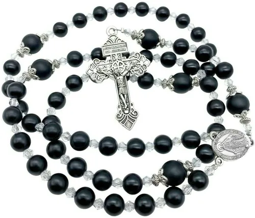 Vista 2 de Nazareth Store Rosario de cuentas de ágata negra de 0315in con forma de rosario anudado mate medalla milagrosa y cruz de perdón 20 pulgadas Piedra