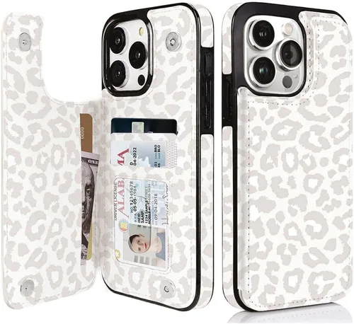 Vista 19 de uCOLOR - Funda tipo cartera para iPhone 15 con tarjetero y diseño de lunares con leche de almendra Bloqueo RFID de piel sintética para mujeres