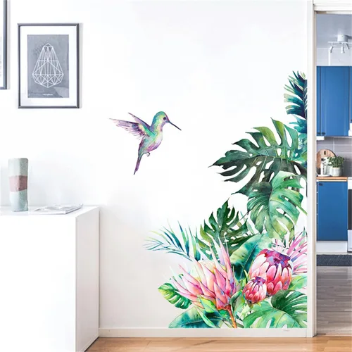 Vista 4 de Calcomanías de pared de hojas tropicales, hojas verdes, flores, calcomanías de pared de palmera, plantas, pájaros, calcomanías para ventana
