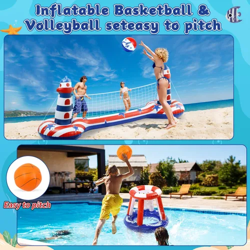 Vista 8 de EagleStone Juego de flotador inflable para piscina con red de voleibol y aro de baloncesto, juegos acuáticos flotantes 2 en 1 para niños y adultos