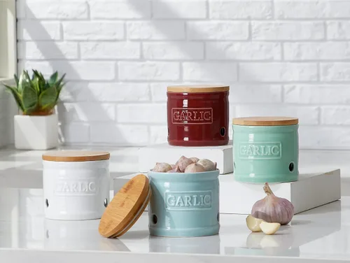 Vista 5 de ONEMORE Soporte de ajo con tapa, recipiente de ajo de cerámica de 4 pulgadas, azul claro