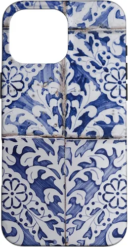 Vista 19 de Azulejos de patrón portugués - Funda azul y blanca floral para iPhone 17
