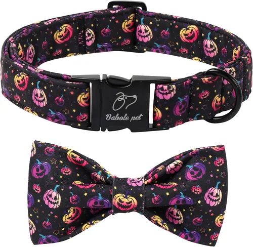 Vista 13 de Collar de Navidad para Perro con Pajarita - Lindo Collar de Cachorro Azul con Patrón Navideño de Cereza y Caramelo, Hebilla de Metal Ajustable