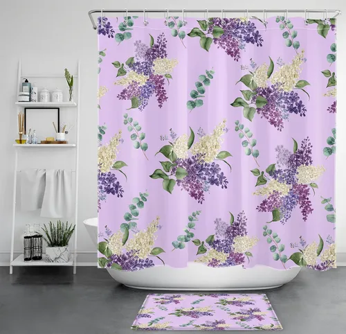 Vista 11 de EOBTAIN Cortina de ducha floral púrpura para baño, flores de acuarela y hojas de eucalipto verde sobre beige, cortina de ducha con 10 ganchos, juego