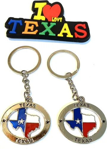 Vista 24 de Juego de 2 llaveros de recuerdo de Texas con imán para nevera con texto en inglés "I Love Texas", Diseño de horizonte de Dallas, Mediana