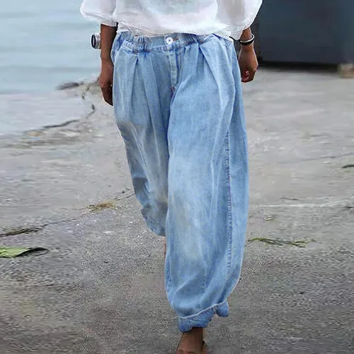 Vista 5 de UQRZAU Pantalones casuales con bolsillos para mujer, pantalones de mezclilla de moda urbana, pantalones de pierna ancha, pantalones recortados