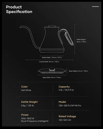 Vista 7 de Cocinare FLOW M6 Pro Hervidor Eléctrico de Cuello de Cisne, Control de Temperatura ±0.5℉ para Verter Café y Té, Interior de Acero Inoxidable