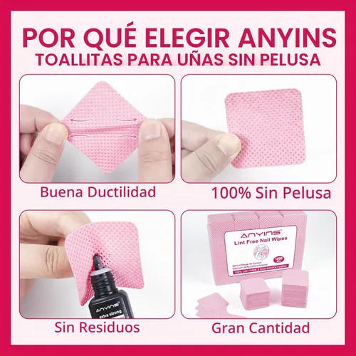 Vista 2 de 1200 toallitas de uñas sin pelusas, toallitas quitaesmalte de uñas Rosa 02