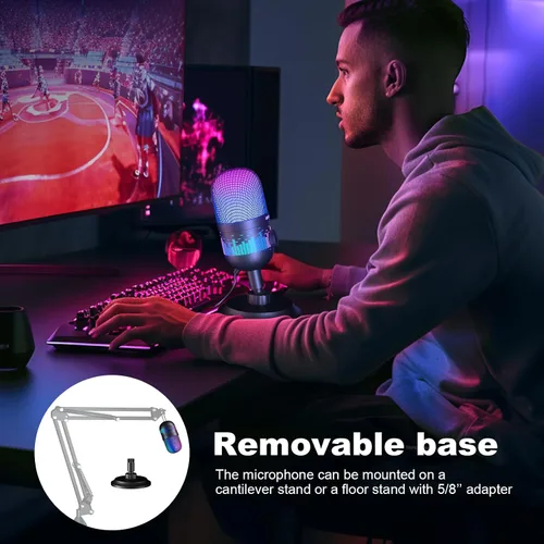 Vista 7 de Aokeo - Micrófono USB para juegos, micrófono de condensador para PC/MAC/PS4/PS5/Teléfono - Micrófono cardioide con iluminación RGB