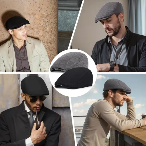 Vista 6 de Senker Fashion - Paquete de 2 gorras Newsboy para hombre, ajustables, de espiga, de tweed, de mezcla de lana, gorra plana Ivy, gorra de taxista