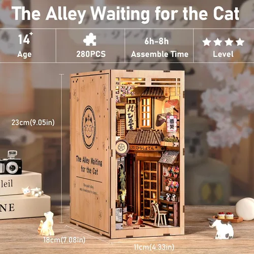 Vista 2 de Kit de rincón de libros, rompecabezas de madera 3D con luz LED, modelo de casa en miniatura de callejón callejón japonés, decoración creativa