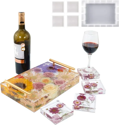 Vista 3 de Moldes de bandeja de resina de silicona, molde rectangular grande de 13.5 pulgadas para bandeja profunda y 4 moldes cuadrados de posavasos
