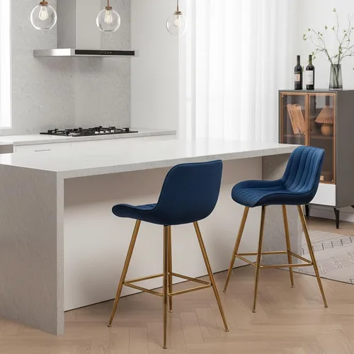 Vista 9 de Sidanli Blue - Juego de 2 taburetes de bar de terciopelo de 24 pulgadas con reposapiés, sillas de bar modernas para el hogar, isla de cocina, comedor