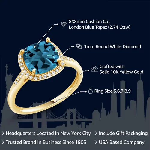 Vista 2 de Gem Stone King Anillo de compromiso de oro amarillo de 10 quilates con topacio azul Londres y diamantes para mujer