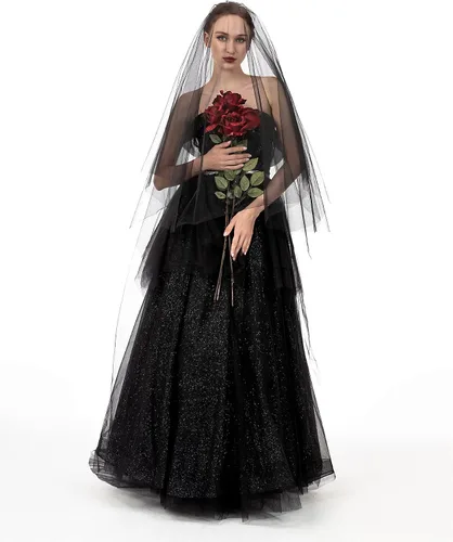 Vista 3 de PAMOR Velo de encaje negro creativo catedral tul transparente boda Halloween velo para novia con peine de metal cosido a mano