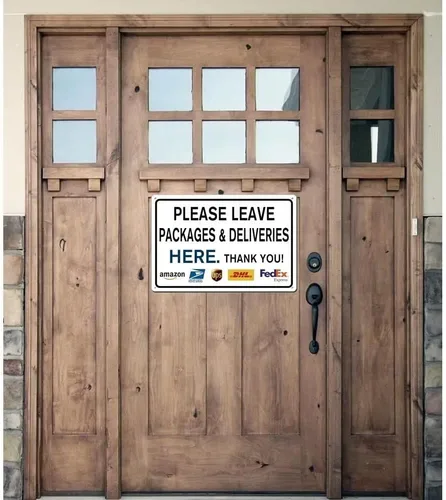 Vista 6 de Letrero de metal con texto en inglés «Please Leave Packages Deliveries Here» para interiores y exteriores, para puerta delantera, porche, oficina, 8