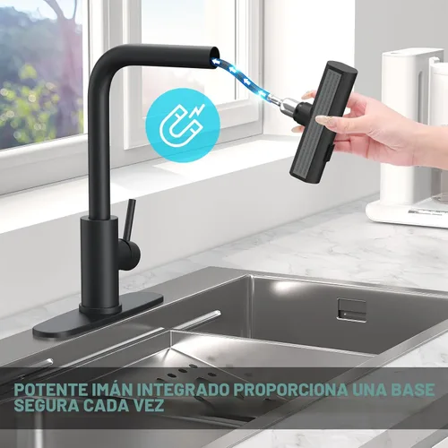 Vista 6 de AVSIILE Grifos de cocina en cascada de color negro mate con rociador desplegable y dispensador de jabón, un solo orificio y mango, grifo extraíble