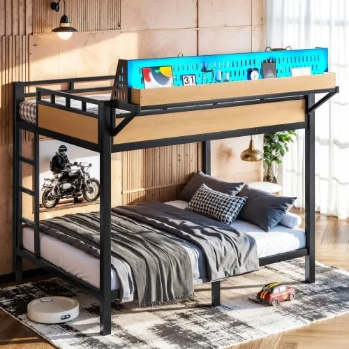 Vista 3 de Bellemave Litera de tamaño matrimonial con estantes de almacenamiento y tablero de clavijas, marco de cama de metal con puertos USB y luces LED