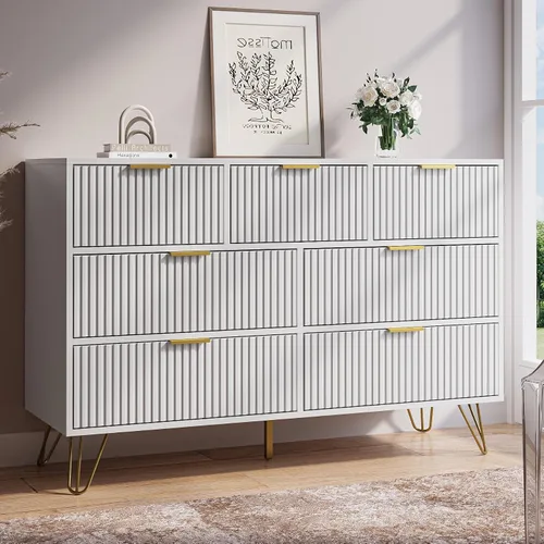Vista 18 de MAISONARIA Cómoda negra de 3 cajones para dormitorio, cómoda moderna de armario, cómoda acanalada con asas de metal dorado, mesita de noche