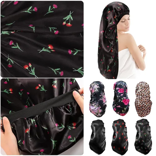 Vista 7 de 2 gorros largos de satén para dormir, gorro de trenzas extra grandes para dormir, cabello largo, gorro de banda elástica suave y cómodo para mujer
