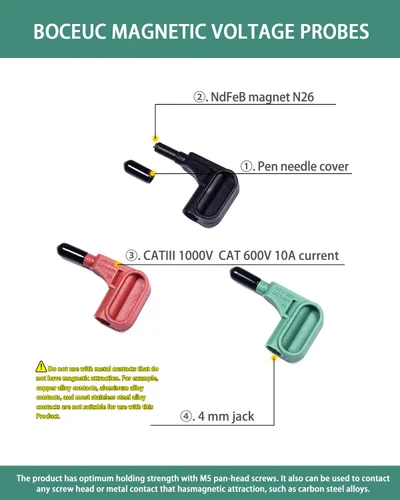 Vista 3 de Sonda magnética de cables multímetro, sondas de voltaje magnéticas de 3 colores para kit de cables de prueba de enchufe de 0.157 in, voltaje a CAT