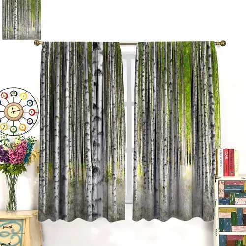 Vista 3 de Cortina opaca de bosque de verano, diseño de ramas de bosque, con bolsillo para barra, cortinas farbic con bolsillo para barra, comedor, cafetería