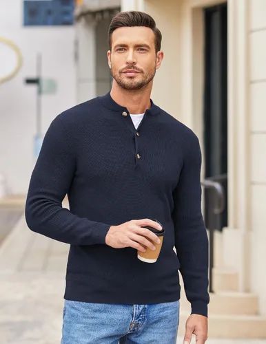 Vista 2 de COOFANDY Suéter de punto Henley para hombre, de manga larga, con botones, suéter casual