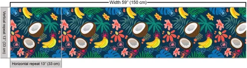 Vista 3 de Lunarable Tela tropical de The Yard, composición de dibujos animados de cocos, plátanos y flores, tela decorativa para tapicería y detalles
