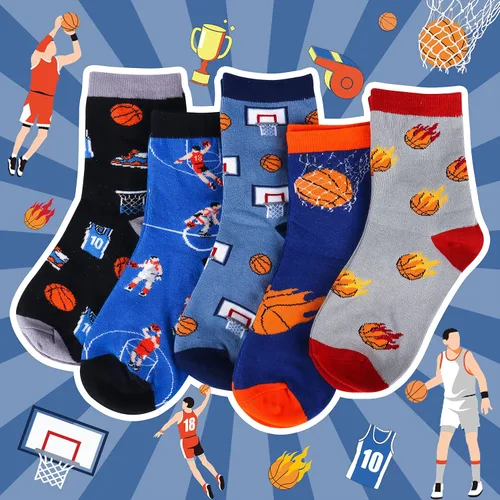 Vista 4 de Belloxis Calcetines deportivos divertidos de 5 piezas, diseño multideportivo (baloncesto, béisbol, fútbol, hockey), calcetines deportivos para niños