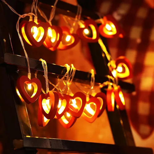 Vista 5 de Mudder Guirnalda de luces de hadas para el día de San Valentín, 10 pies, 20 luces LED de madera con forma de corazón rojo y rosa para decoración