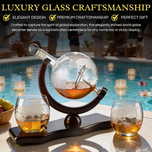 Vista 3 de Decantador del mundo grabado con globo de whisky, juego de regalo de whisky The Wine Savant con avión antiguo, piedras de whisky y 2 vasos de mapa