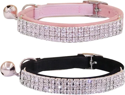 Vista 9 de THAIN Collar de diamantes de imitación para gatos y perros, de terciopelo suave, seguro, ajustable, con campanas, de 8 a 11 pulgadas para perros