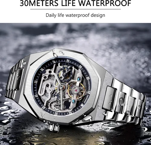 Vista 5 de FORSINING Reloj automático mecánico de pulsera para hombre octogonal impermeable reloj de esqueleto de lujo diamante Tourbillon plateado correa