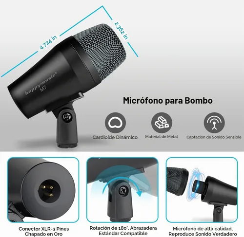Vista 2 de happymusic M7 - Kit de micrófono de batería con cable, 7 piezas de metal dinámico de micrófono y platillos de bajo dinámico, uso para batería vocal