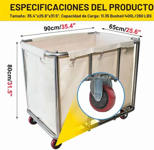 Vista 2 de Carrito de lavandería comercial grande de 11.35 Bushel con ruedas de 4 Beige - 11.35 Bushels - 8 Tubos