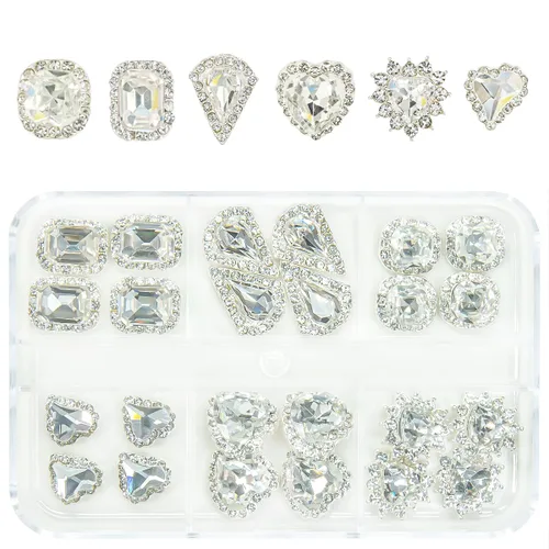 Vista 29 de 24 piezas de piedras brillantes negras para uñas, dijes de uñas de lujo, dijes de corazón negro de jet para uñas, gemas grandes de 3D para uñas