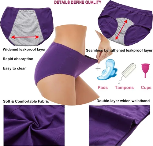 Vista 4 de HATSURE Ropa interior para el período para mujer, a prueba de fugas, de algodón, para la noche, bragas menstruales (paquete múltiple)