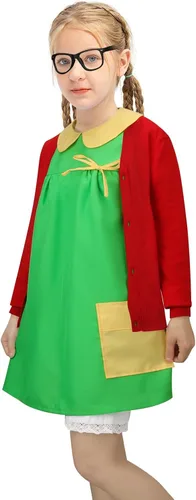 Vista 7 de ZIFUNMUR Women Girls Chilindrina Costume Green Dress Red Knit Cardigan Shorts Glasses Full Set Halloween Cosplay Outfit