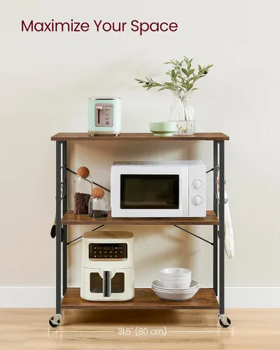 Vista 3 de VASAGLE Estante de cocina con ruedas, carrito de servicio de 31.5 pulgadas con 3 estantes, carrito de cocina, estante de microondas, para mini