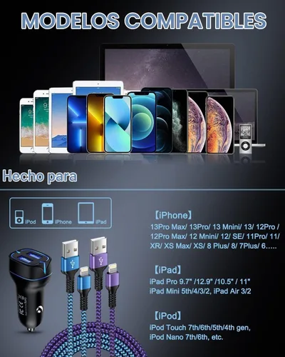 Vista 2 de Cargador de teléfono para automóvil, adaptador de encendedor de cigarrillos de doble puerto + 2 cables Lightning de 3 pies de carga rápida