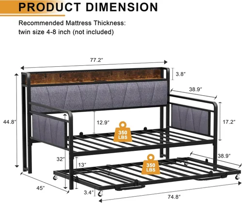 Vista 3 de Sofá cama individual con nido, moderno sofá cama individual, marco de cama de metal resistente con cabecera tapizada para sala de estar, dormitorio