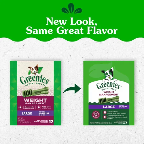 Vista 2 de Greenies - Golosinas naturales para perros adultos recomendadas por veterinarios para el control de peso, tamaño grande, 27 onzas, paquete de 17