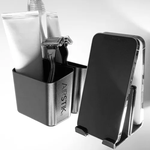 Vista 3 de AIRSTIK Soporte para teléfono con soporte de cristal para cuna y taza, reutilizable, impermeable, organizador de almacenamiento para baño, cocina