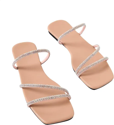 Vista 6 de GORGLITTER Sandalias planas con diamantes de imitación para mujer con tiras y puntera abierta