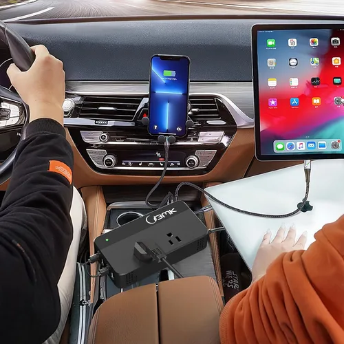 Vista 7 de BMK Inversor de corriente para auto, 200 vatios, corriente continua, 12 a 110 voltios corriente alterna, 4 puertos USB, adaptador de cargador