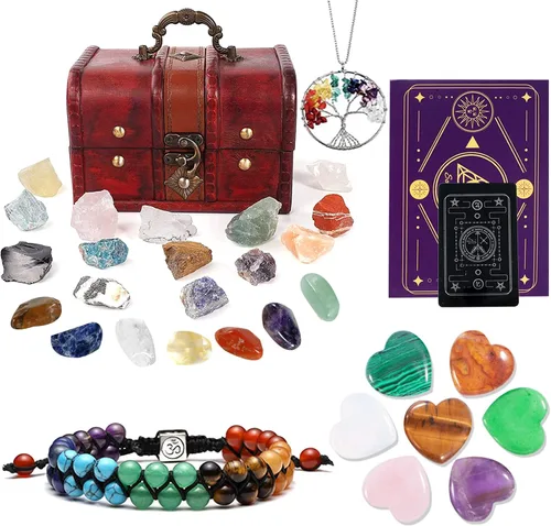Vista 13 de Juego de 14 piedras de cristal curativo para chakras, con caja de madera de regalo para principiantes, meditación, reiki, yoga, colección